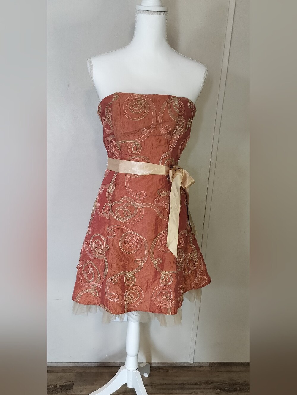 Jessica McClintock Rust Strapless Dress with Gold Embroidery and Champagne Sash